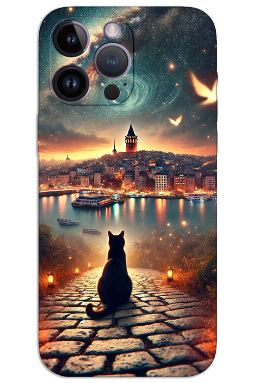iPhone 14 Pro Max Kılıf HD Desen Baskılı Arka Kapak - Kedi Galata