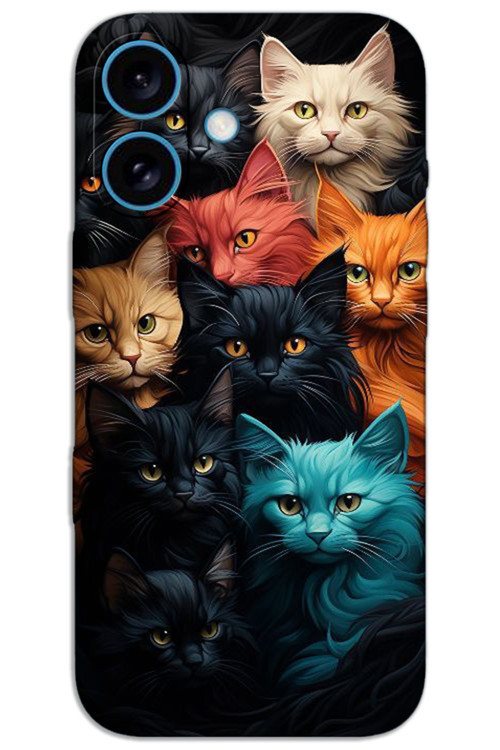 iPhone 16 Kılıf HD Desen Baskılı Arka Kapak - Renkli Kediler