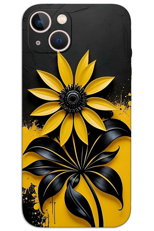 iPhone 15 Plus Kılıf HD Desen Baskılı Arka Kapak - Siyah Sarı Çiçek