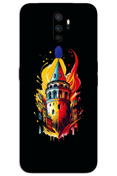 Oppo A9 2020 Kılıf HD Desen Baskılı Arka Kapak - Sarı Kırmızı Galata