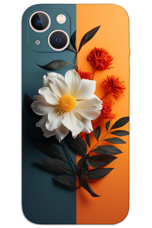 iPhone 15 Plus Kılıf HD Desen Baskılı Arka Kapak - Beyaz Turuncu Çiçek