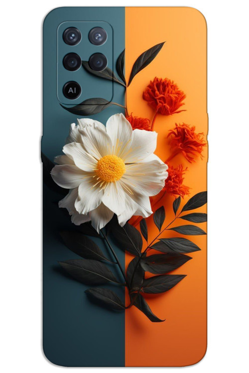 Oppo A54 Kılıf HD Desen Baskılı Arka Kapak - Beyaz Turuncu Çiçek