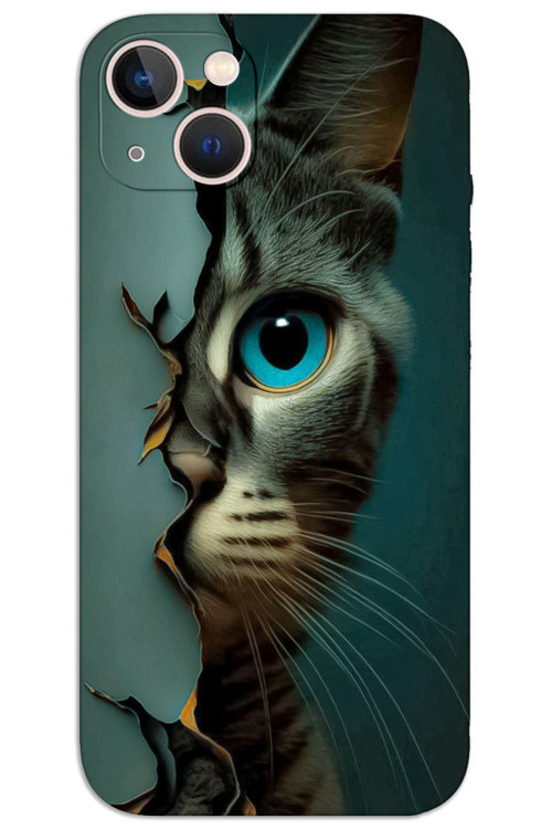 iPhone 15 Plus Kılıf HD Desen Baskılı Arka Kapak - Mavi Kedi