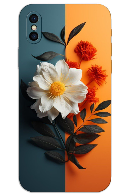 iPhone X / XS Kılıf HD Desen Baskılı Arka Kapak - Beyaz Turuncu Çiçek