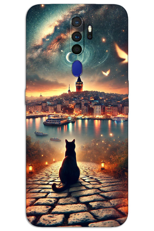 Oppo A5 2020 Kılıf HD Desen Baskılı Arka Kapak - Kedi Galata