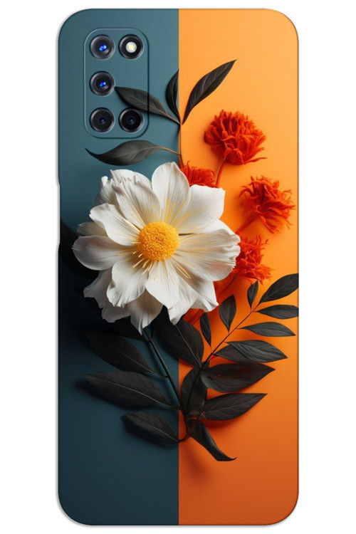 Oppo A92 Kılıf HD Desen Baskılı Arka Kapak - Beyaz Turuncu Çiçek