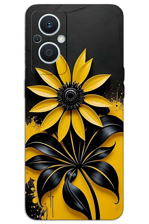 Oppo Reno 7 Lite Kılıf HD Desen Baskılı Arka Kapak - Siyah Sarı Çiçek
