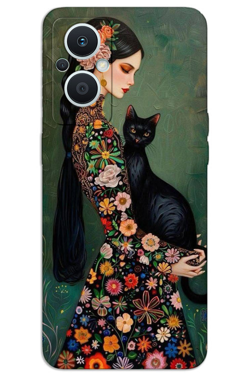 Oppo Reno 7 Lite Kılıf HD Desen Baskılı Arka Kapak - Siyah Kedi