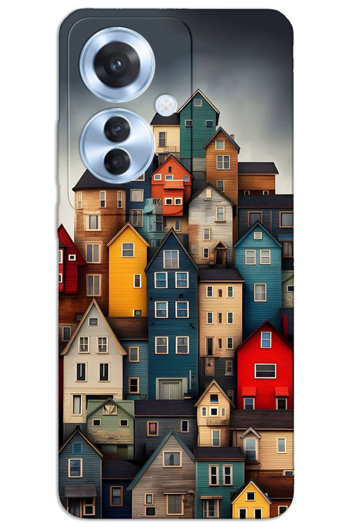 Oppo Reno 11F Kılıf HD Desen Baskılı Arka Kapak - Renkli Evler