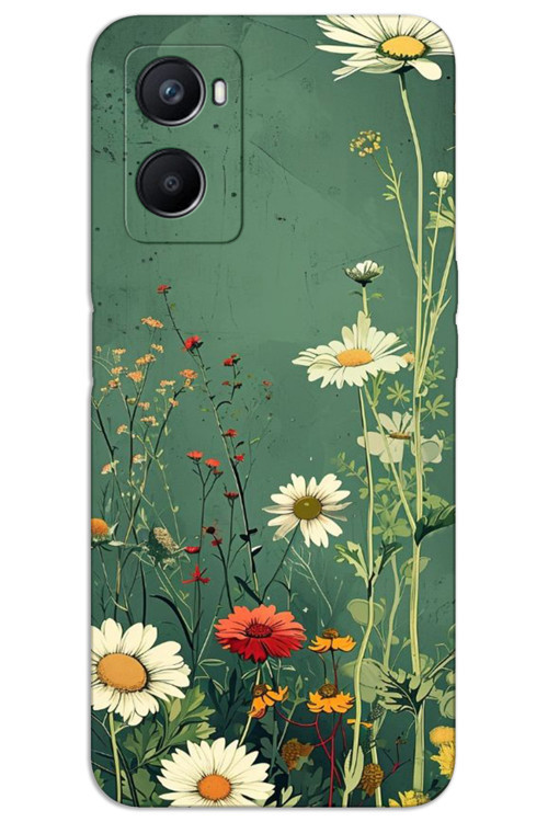 Oppo A96 Kılıf HD Desen Baskılı Arka Kapak - Yeşil Papatya