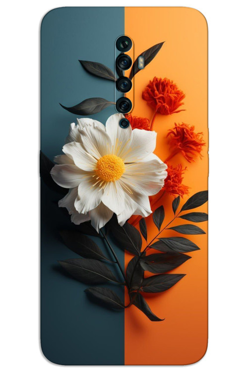 Oppo Reno 2Z Kılıf HD Desen Baskılı Arka Kapak - Beyaz Turuncu Çiçek