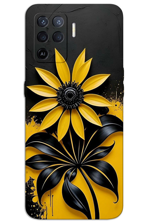 Oppo Reno 5 Lite Kılıf HD Desen Baskılı Arka Kapak - Siyah Sarı Çiçek