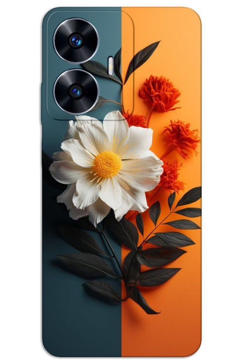 Realme C55 Kılıf HD Desen Baskılı Arka Kapak - Beyaz Turuncu Çiçek
