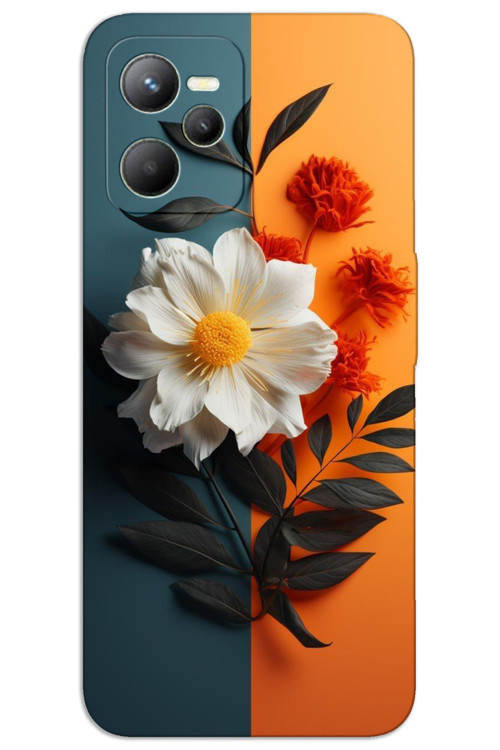 Realme C35 Kılıf HD Desen Baskılı Arka Kapak - Beyaz Turuncu Çiçek
