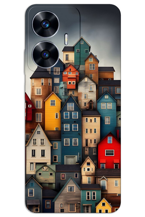Realme C55 Kılıf HD Desen Baskılı Arka Kapak - Renkli Evler