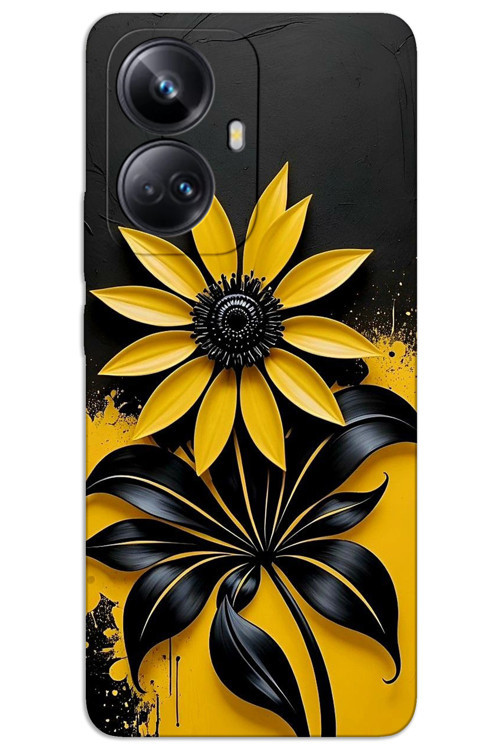 Realme 10 Pro Plus 5G Kılıf HD Desen Baskılı Arka Kapak - Siyah Sarı Çiçek