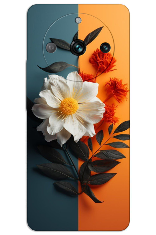 Realme 11 Pro Kılıf HD Desen Baskılı Arka Kapak - Beyaz Turuncu Çiçek