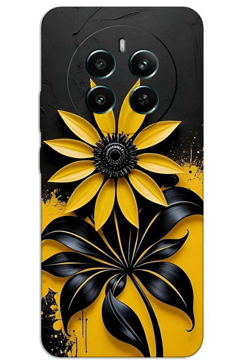 Realme 12 Plus Kılıf HD Desen Baskılı Arka Kapak - Siyah Sarı Çiçek