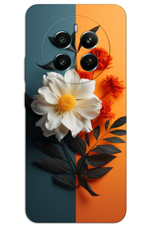 Realme 12 Plus Kılıf HD Desen Baskılı Arka Kapak - Beyaz Turuncu Çiçek