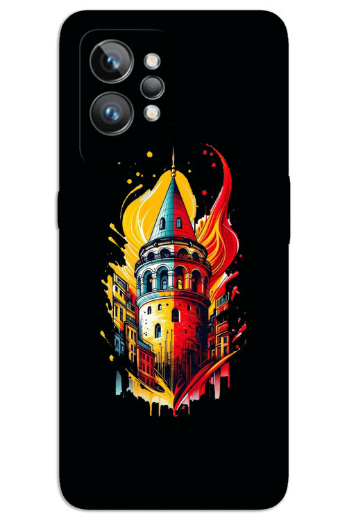 Realme GT 2 Kılıf HD Desen Baskılı Arka Kapak - Sarı Kırmızı Galata