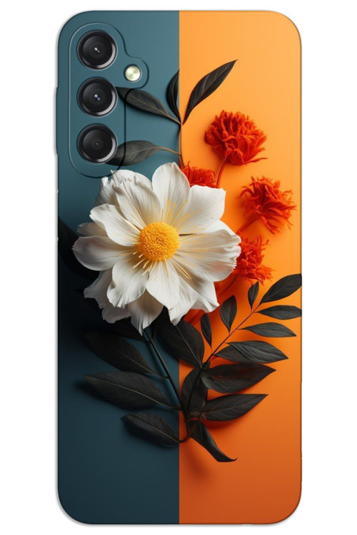 Samsung Galaxy A15 Kılıf HD Desen Baskılı Arka Kapak - Beyaz Turuncu Çiçek