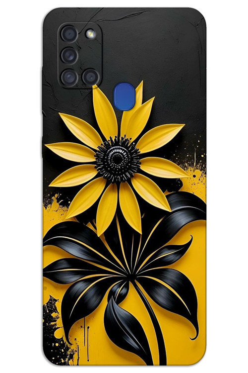 Samsung Galaxy A21s Kılıf HD Desen Baskılı Arka Kapak - Siyah Sarı Çiçek