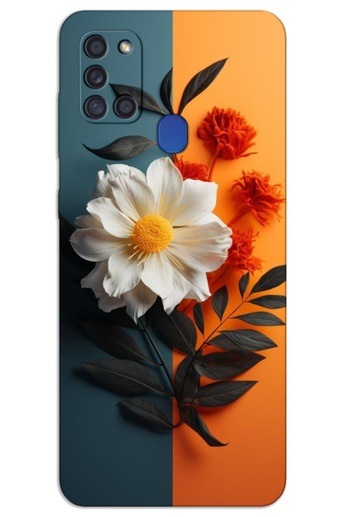 Samsung Galaxy A21s Kılıf HD Desen Baskılı Arka Kapak - Beyaz Turuncu Çiçek