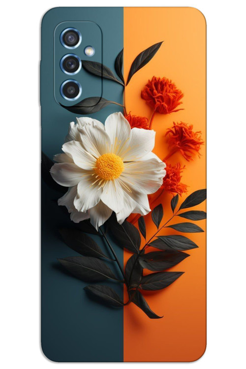 Samsung Galaxy M52 Kılıf HD Desen Baskılı Arka Kapak - Beyaz Turuncu Çiçek