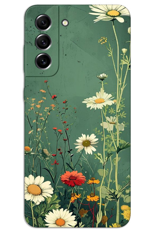 Samsung Galaxy S21 Kılıf HD Desen Baskılı Arka Kapak - Yeşil Papatya
