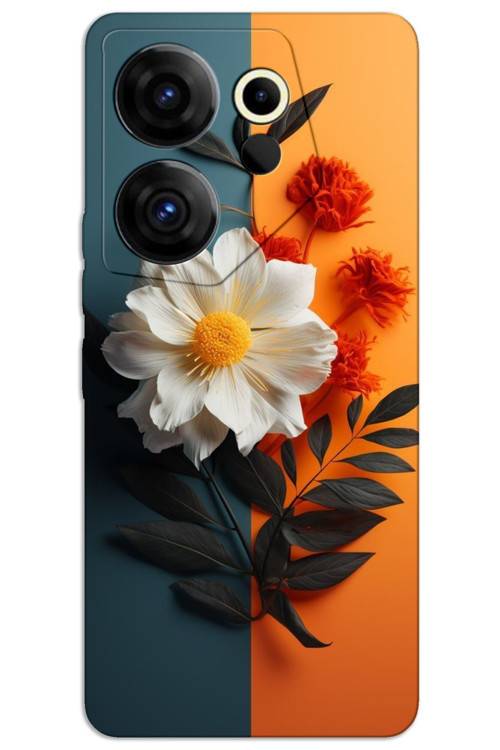 Tecno Camon 20 Premier 5G Kılıf HD Desen Baskılı Arka Kapak - Beyaz Turuncu Çiçek