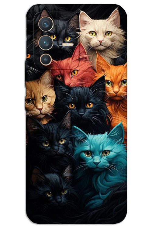 Vivo V23 5G Kılıf HD Desen Baskılı Arka Kapak - Renkli Kediler