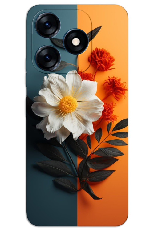 Tecno Spark 10 4G Kılıf HD Desen Baskılı Arka Kapak - Beyaz Turuncu Çiçek