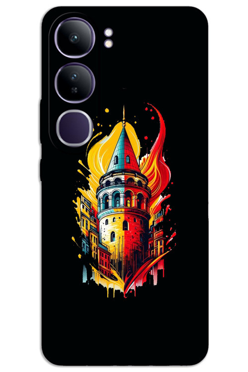 Vivo V40 Lite Kılıf HD Desen Baskılı Arka Kapak - Sarı Kırmızı Galata