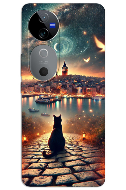 Vivo V40 Kılıf HD Desen Baskılı Arka Kapak - Kedi Galata