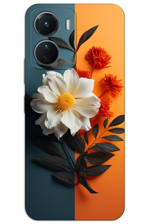 Vivo Y16 Kılıf HD Desen Baskılı Arka Kapak - Beyaz Turuncu Çiçek