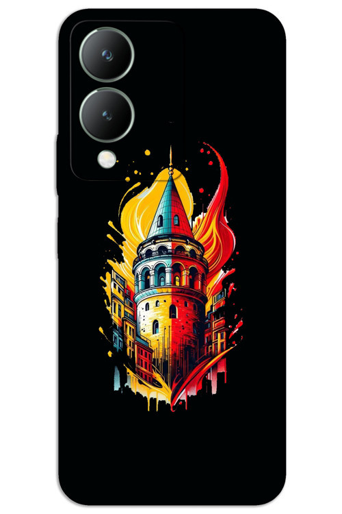 Vivo Y17S Kılıf HD Desen Baskılı Arka Kapak - Sarı Kırmızı Galata