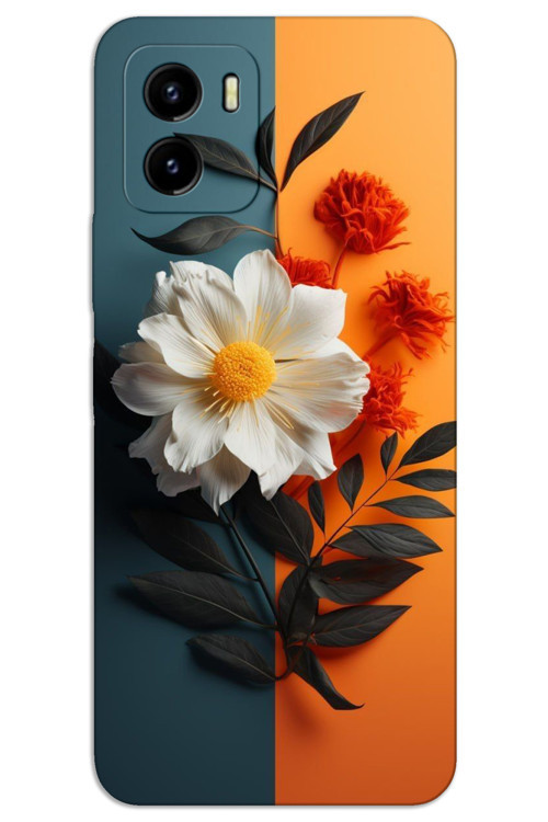 Vivo Y15S Kılıf HD Desen Baskılı Arka Kapak - Beyaz Turuncu Çiçek