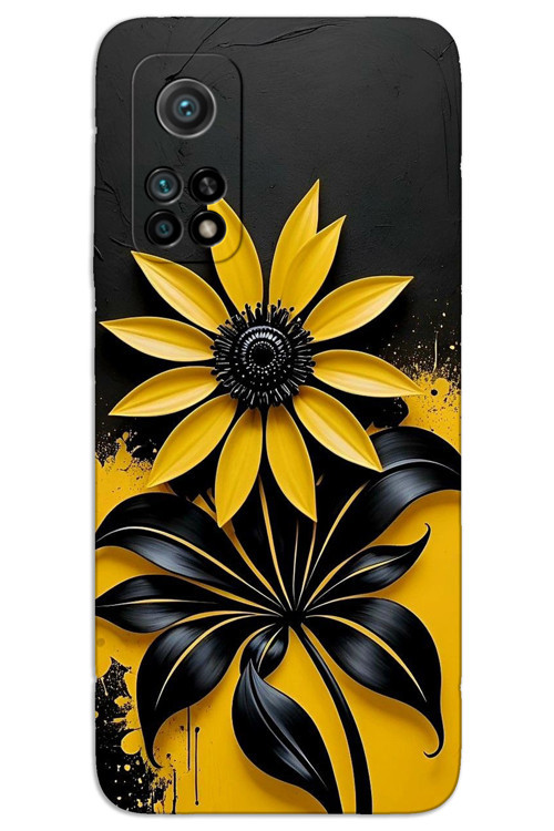 Xiaomi Mi 10T / 10T Pro Kılıf HD Desen Baskılı Arka Kapak - Siyah Sarı Çiçek