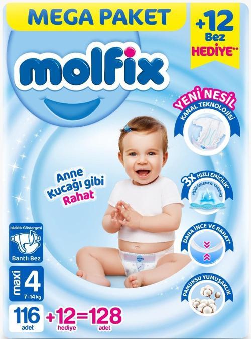 Bebek Bezi Beden:4 (7-14KG) Maxi 128 Adet Mega Pk