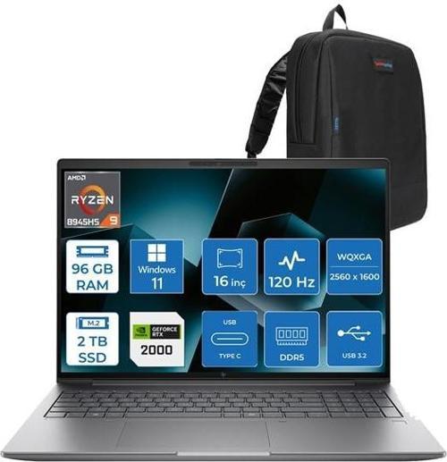 Mws Zbook Power 16 G11A Ryzen 9 8945HS 96GB Ddr5 2tb SSD 8GB/RTX2000 16" Wqxga 120Hz IPS 400NITS Windows 11 Pro Taşınabilir Bilgisayar 8T0S3EAH23 + Zettaçanta