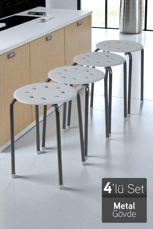 Otto Metal Gövdeli Modern Tabure Mutfak Bahçe Taburesi - 4 Adet Gri