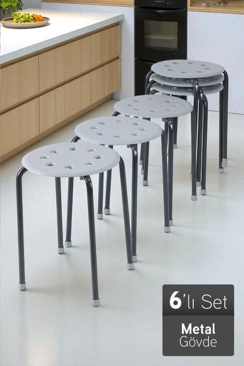 Otto Metal Gövdeli Modern Tabure Mutfak Bahçe Taburesi - 6 Adet Gri