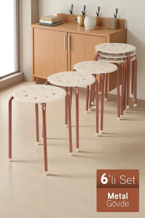 Otto Metal Gövdeli Modern Tabure Mutfak Bahçe Taburesi - 6 Adet Krem