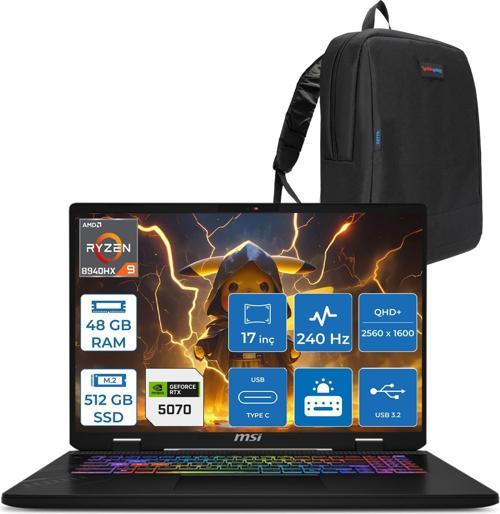 Crosshaır A17 Hx D8WGKG-012XTR Ryzen9 8940HX Aı 48GB 512GB SSD 8GB/RTX5070 Gddr7 115W 17"2.5k (2560 x 1600, Qhd+) 240Hz  Freedos Taşınabilir Bilgisayar Z012XTRF17+ZETTAÇANTA