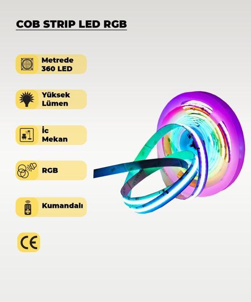 12V COB Şerit Led RGB  - Kumandalı - Metrede 360 Led - 5 Metre