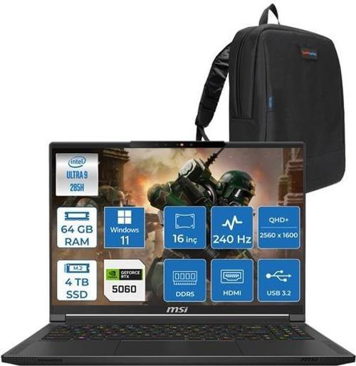 Stealth 16 Aı Ultra 9 285H 64GB Ddr5 4tb SSD 8GB/RTX5060/95W 16" Qhd+ 240hz OLED Windows 11 Home Taşınabilir Bilgisayar A2HWFGH24 + Zettaçanta