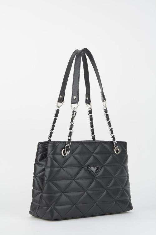 Siyah Deri Kapitone 3 Bölme Fermuar Kapama Zincir Askılı Astarlı El Kol Ve Omuz Çantası