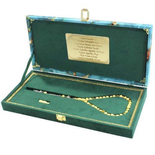 Premium Kutulu 925 Ayar Gümüş Bozkurt Püsküllü King Seccer Beyaz Sarı Hareli Damla Kehribar Tesbih