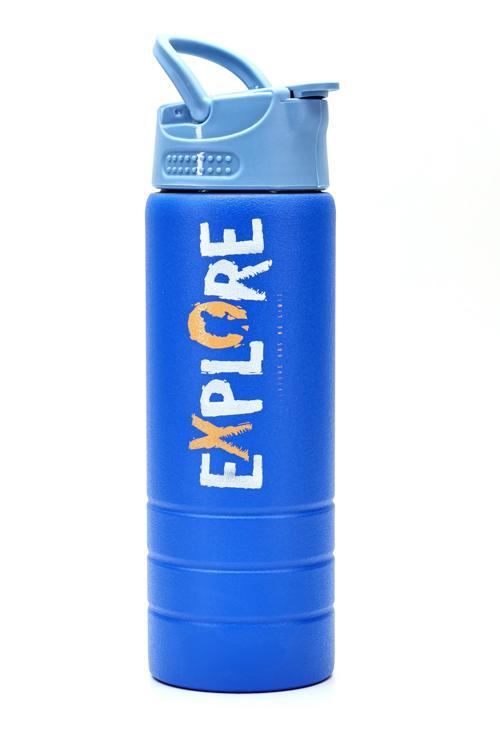 Paslanmaz 304 Çelik Matara Pipetli Motivasyon Matarası Suluğu 304 Çelik Suluk Mavi 750 ml 1156