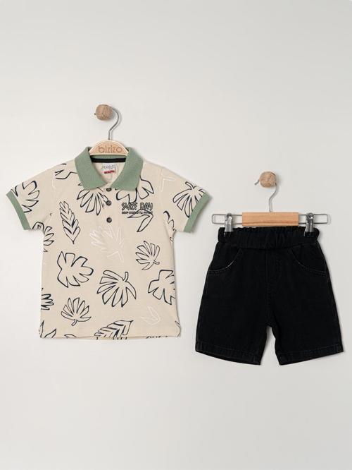 Bizio Yaprak baskılı Polo Yaka 2-5 Yaş Takım - Bej2-3 Yaş